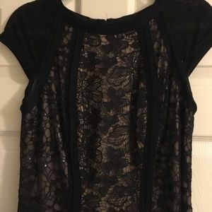 Tadashi Shoji black cream lace long fitted gown